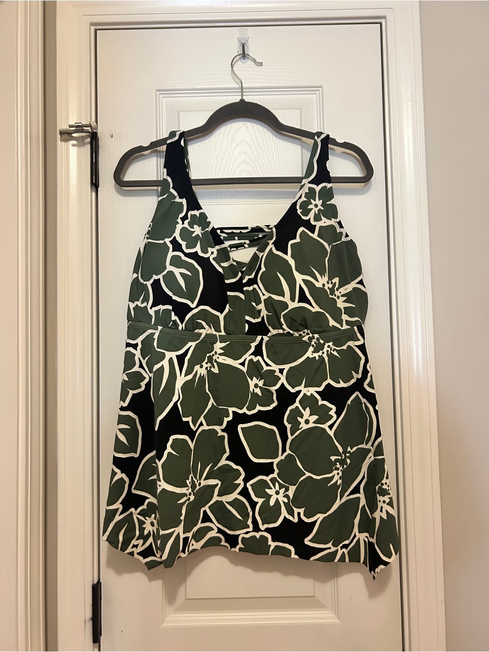 EVRI Black Tankini Swim Top with Green and White Floral Print
